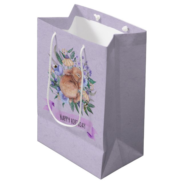 Happy Birthday Oster Bunny Lila Florals Mittlere Geschenktüte (Vorderseite Schrägansicht)