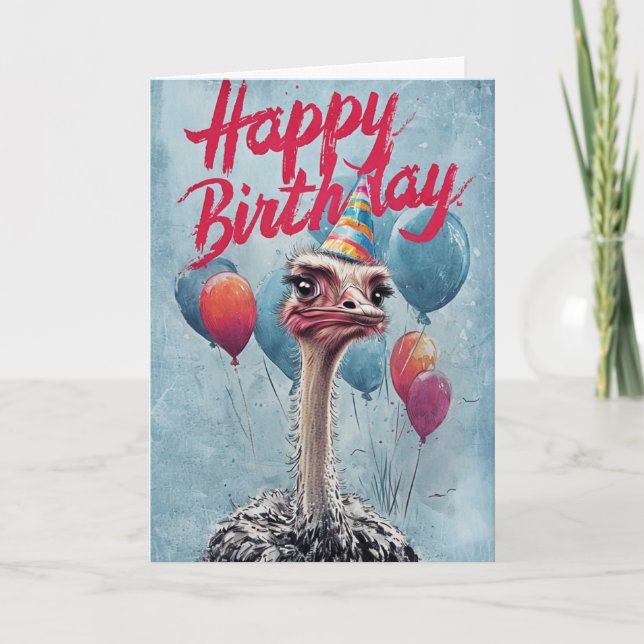 Happy Birthday Ostrich mit Party Hat Balloons Karte (Vorderseite)