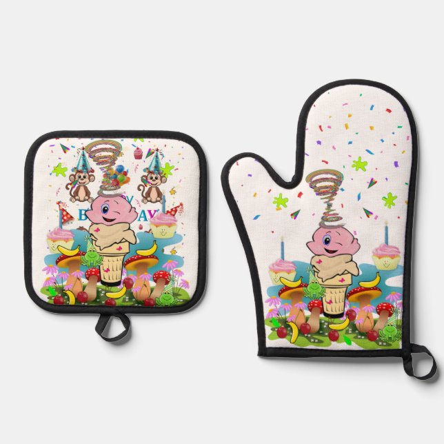 Happy Birthday Oven Mitt and Pot Holder Ofenhandschuh & Topflappen-Set (Vorderseite)
