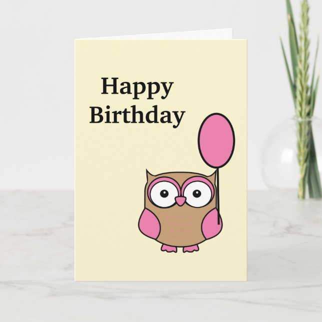 Happy Birthday Owl Pink and Tan Birthday Karte (Vorderseite)