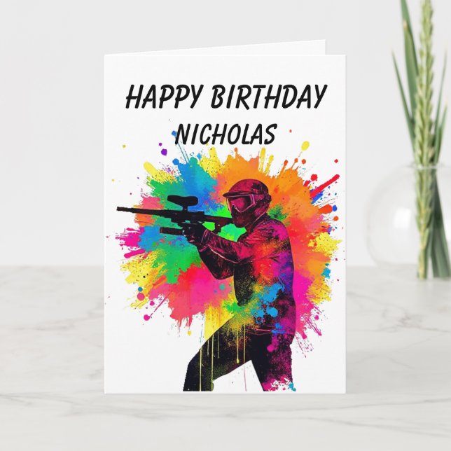 Happy Birthday Paintball Gamer Farbiges Design Karte (Vorderseite)