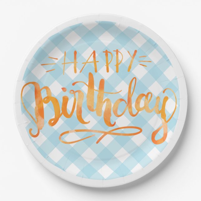 Happy Birthday Paper Plate Blue White Gingham Pappteller (Vorderseite)