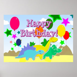 Happy Birthday Party Balloons Dinosaurs Poster