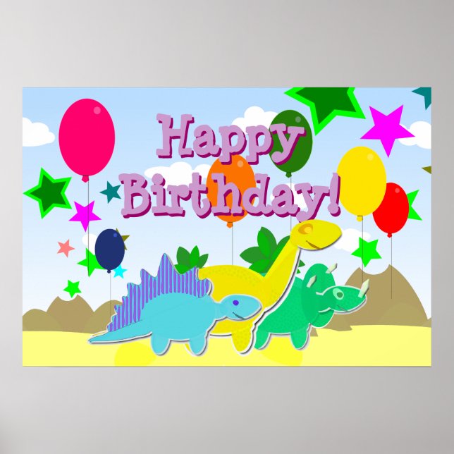 Happy Birthday Party Balloons Dinosaurs Poster (Vorne)
