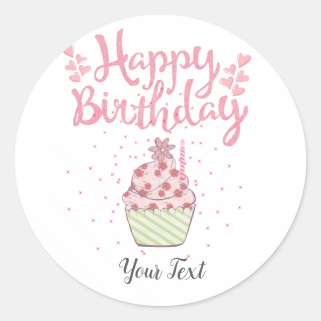 Happy Birthday Party Custom Pink Cupcake Runder Aufkleber (Vorderseite)