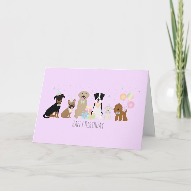 Happy Birthday Party Hunde Lila Karte (Vorderseite)