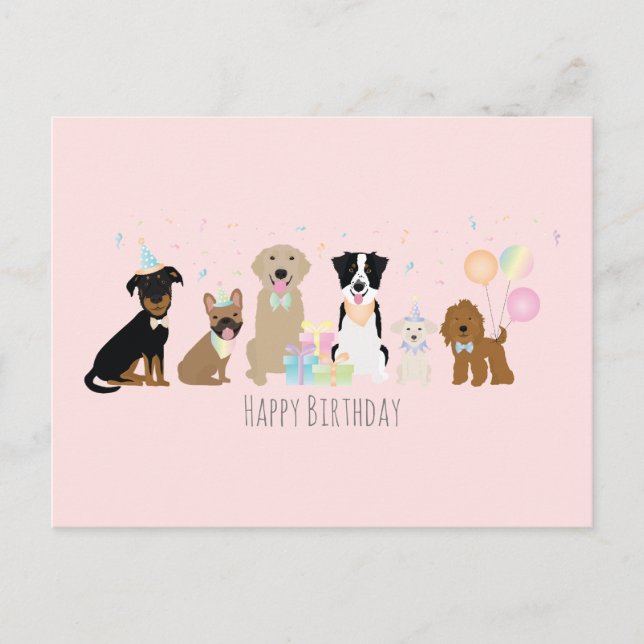 Happy Birthday Party Hunde Pink Postkarte (Vorderseite)