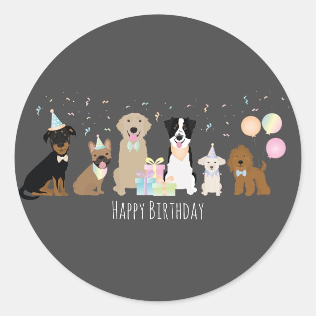 Happy Birthday Party Hunde Runder Aufkleber (Vorderseite)