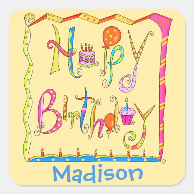 Happy Birthday Party Name Personalisiert Gelb Quadratischer Aufkleber (Vorderseite)
