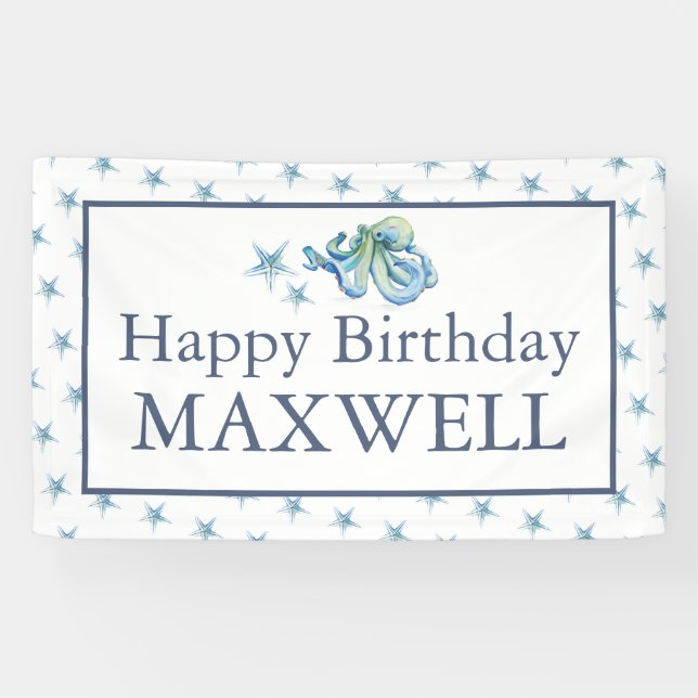 Happy Birthday Party Signs Boy Blue Octopus Banner (Horizontal)