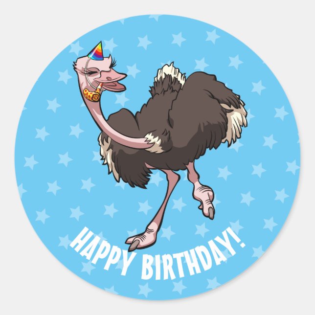 Happy Birthday Party Tanz Cartoon Ostrich Runder Aufkleber (Vorderseite)