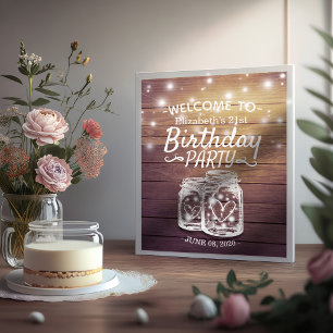 Happy Birthday Party Wood Mason Jar Lights Willkom Poster