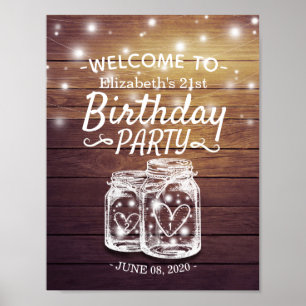 Happy Birthday Party Wood Mason Jar Lights Willkom Poster