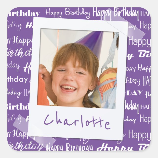 Happy Birthday Pattern Lila Party Kinder Foto Quadratischer Aufkleber (Vorderseite)