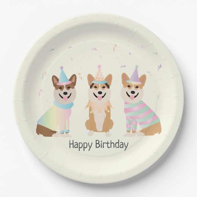 Happy Birthday Pembroke Welsh Corgi Hunde Pappteller (Vorderseite)