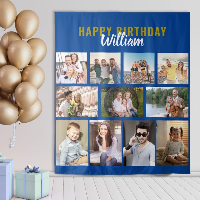 Happy Birthday Personalisiert 11 Foto Collage Blue Wandteppich (Von Creator hochgeladen)