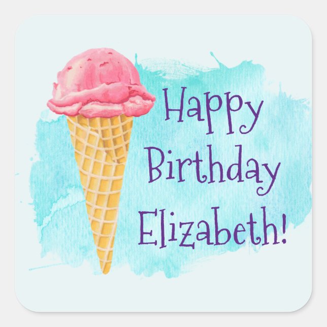 Happy Birthday Personalisiert Ice Cone Quadratischer Aufkleber (Vorderseite)