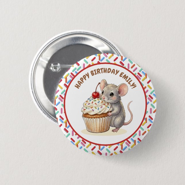 Happy Birthday Personalized Mouse & Cupcake Photo Button (Vorne & Hinten)