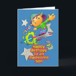 Happy Birthday Phantastisch Son Skateboard Boy & A Karte<br><div class="desc">Erzählen Sie Ihrem Sohn,  dass er mit diesem lustigen Design eines coolen Jungen auf einem futuristischen Skateboard mit Außerirdischen und ihren Raumfahrzeugen und Sternen auf hellblauem Hintergrund einen Ausflug aus dieser Welt machen soll.</div>