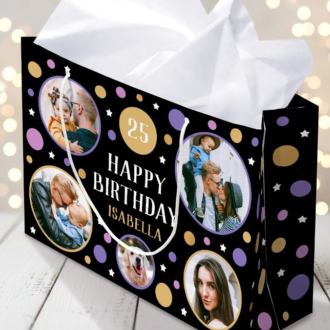 Happy Birthday Photo Collage Any Age 25th Purple Große Geschenktüte (Von Creator hochgeladen)