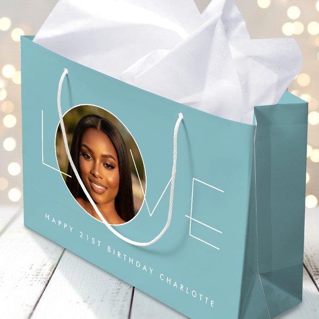 Happy Birthday Photo Love Typography Chic Blue Große Geschenktüte (Von Creator hochgeladen)