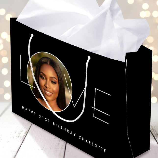 Happy Birthday Photo Love Typography Elegant Black Große Geschenktüte (Von Creator hochgeladen)