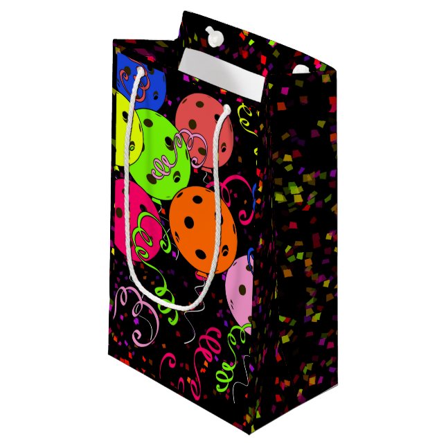 Happy Birthday Pickleball Balloons Confetti Black Kleine Geschenktüte (Vorderseite Schrägansicht)