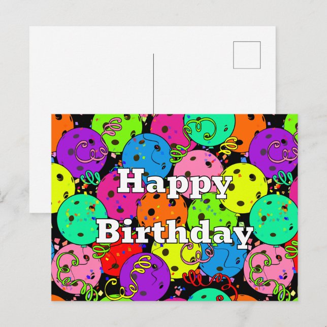 Happy Birthday Pickleball Balloons Confetti Black Postkarte (Vorne/Hinten)