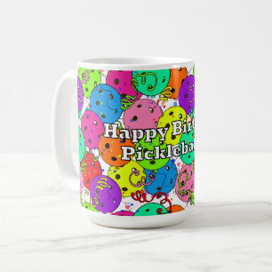 Happy Birthday Pickleball Balloons Confetti White Kaffeetasse