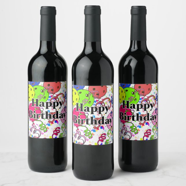 Happy Birthday Pickleball Balloons Confetti White Weinetikett (Flaschen)