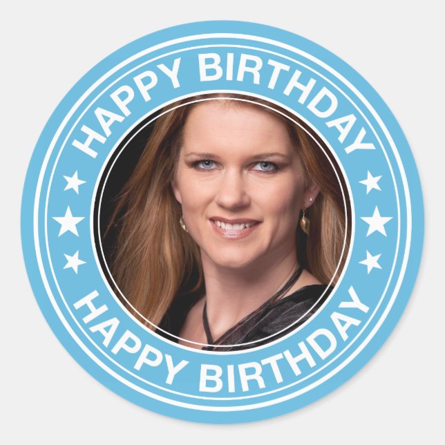 Happy Birthday Picture Frame in Blue Runder Aufkleber (Vorderseite)