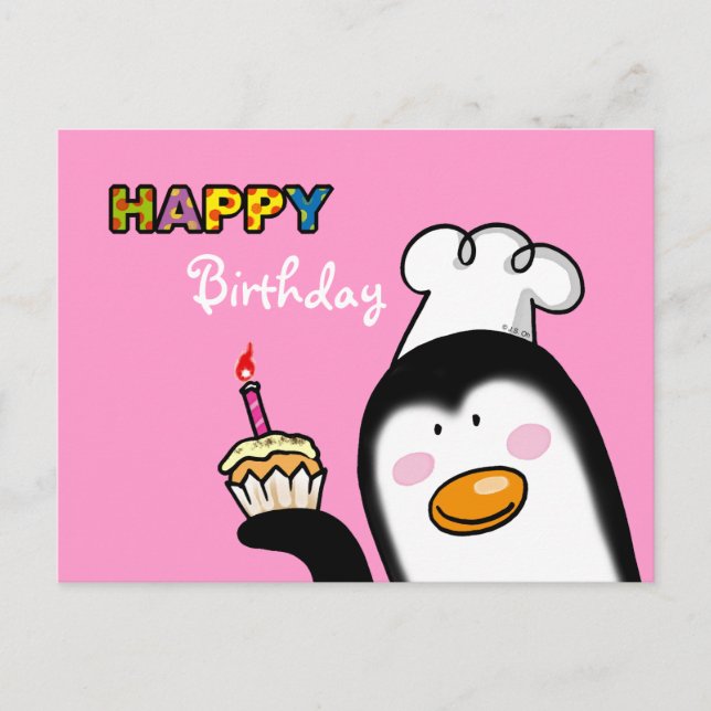 Happy Birthday Pinguin cupcake Postkarte (Vorderseite)