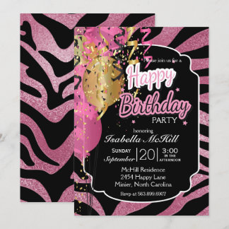 Happy BIrthday - Pink & Black Zebra Streifen Invit Einladung