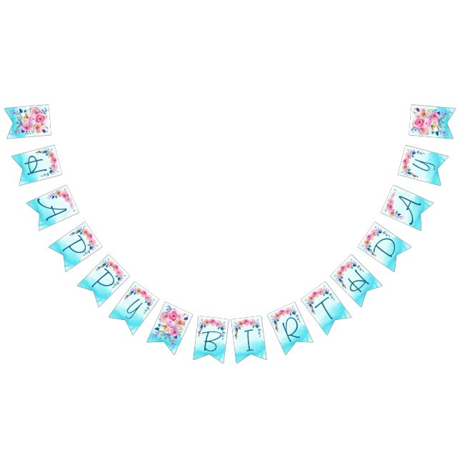 Happy Birthday Pink Blue Türkise Floral Wimpelkette (Alle)