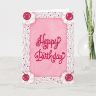 Happy Birthday Pink Cake Card Cherry Vintag Karte