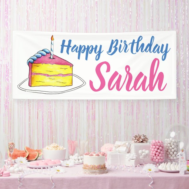 Happy Birthday Pink Cake Slice Candle Gastgeschenk Banner (Party)