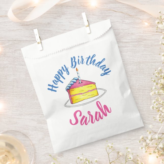 Happy Birthday Pink Cake Slice Candle Party Bday Geschenktütchen (Ausgeschnitten)