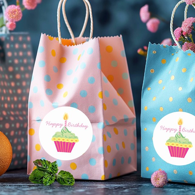 Happy Birthday Pink Cupcake Runder Aufkleber (Von Creator hochgeladen)
