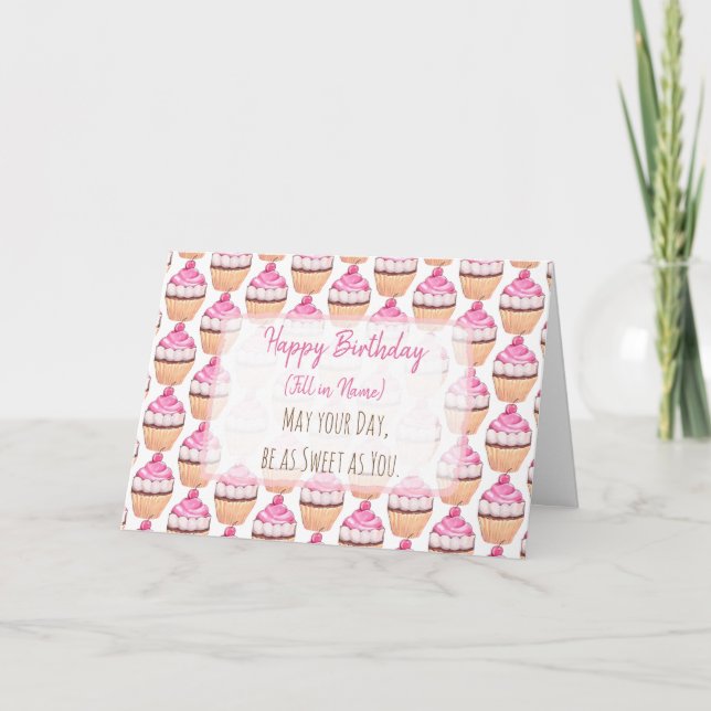 Happy Birthday Pink Cupcakes Personalisierte Karte (Vorderseite)