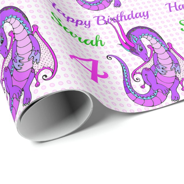 Happy Birthday Pink Dragon Girl's Name Custom Geschenkpapier (Rolleneckpunkt)