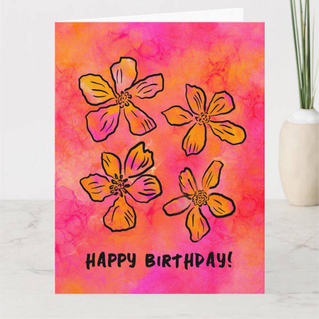 Happy Birthday Pink Floral Pop Kunst Karte (Vorderseite)
