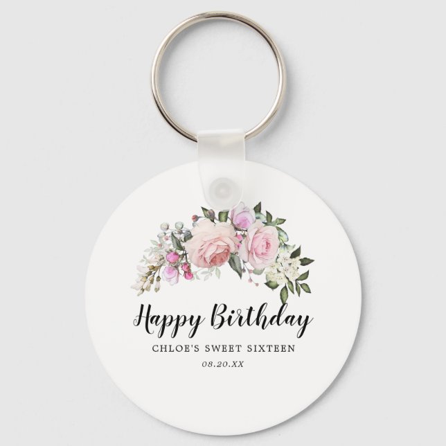 Happy Birthday Pink Floral Sweet 16 Gastgeschenk Schlüsselanhänger (Vorderseite)