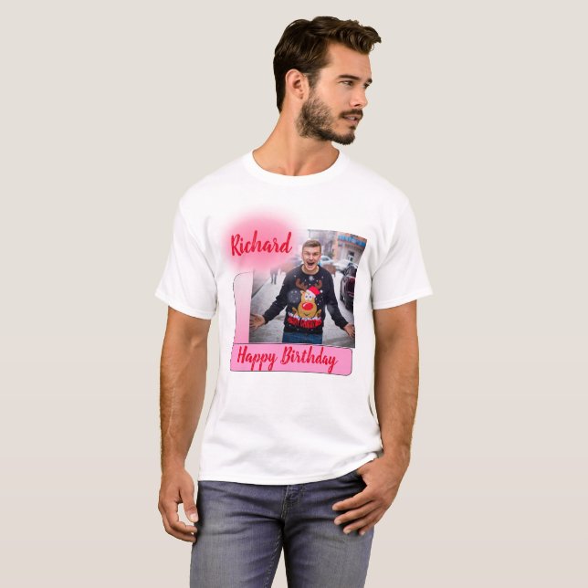 Happy Birthday Pink Gradient Moderne Hinzufügen Fo T-Shirt (Vorne ganz)
