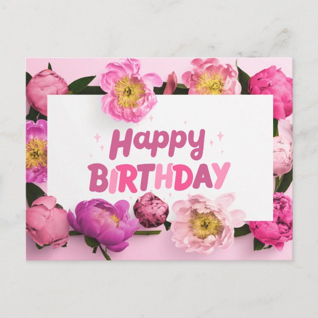 Happy Birthday Pink Peony Blume Postkarte (Vorderseite)