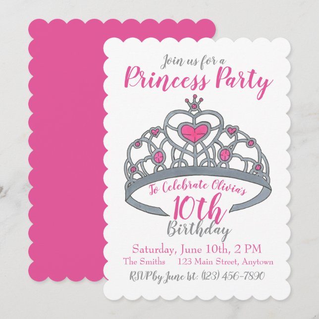 Happy Birthday Pink Princess Party Tiara Crown Einladung (Vorne/Hinten)