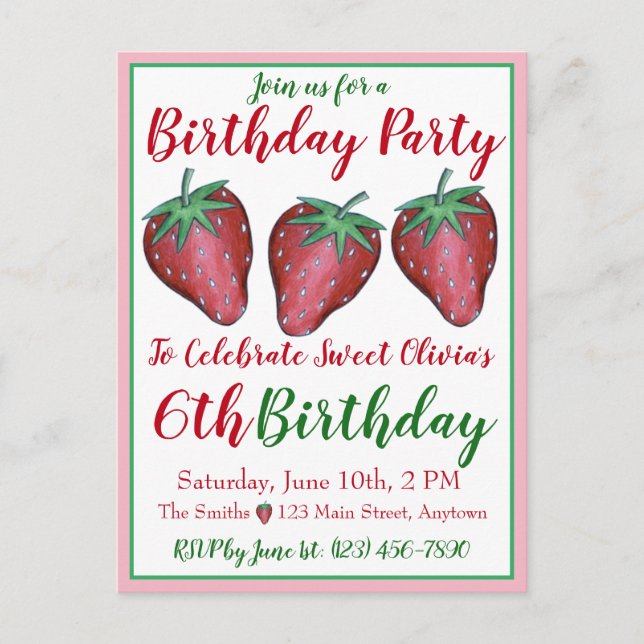 Happy Birthday Pink Red Sweet Strawberry Berries Einladungspostkarte (Vorderseite)