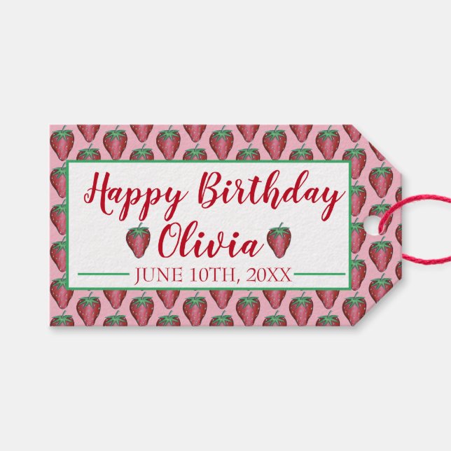 Happy Birthday Pink Red Sweet Strawberry Berries Geschenkanhänger (Vorderseite (Horizontal))
