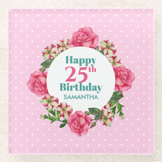 Happy Birthday Pink Rose Red White Petunia Polka Glasuntersetzer (Vorderseite)