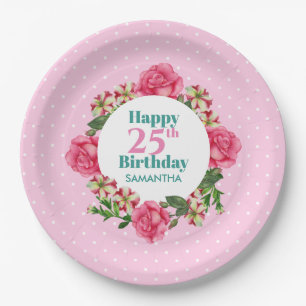 Happy Birthday Pink Rose Red White Petunia Polka Pappteller