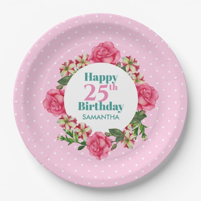 Happy Birthday Pink Rose Red White Petunia Polka Pappteller (Vorderseite)